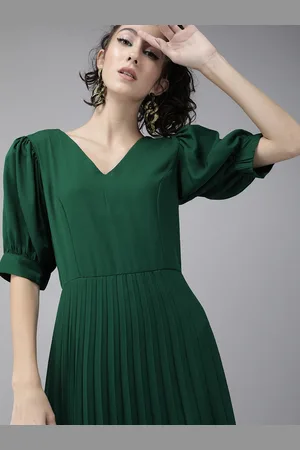 Rare Fashion Women Green Solid Accordion Pleated Fit and Flare Dress