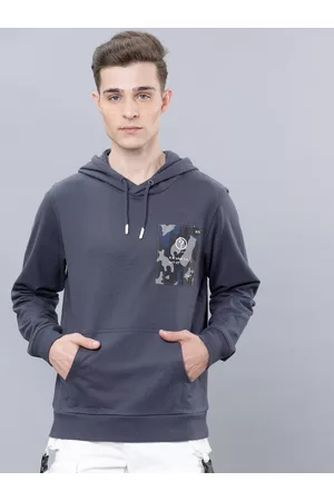 LocoMotive Men Navy Blue Printed Hooded Sweatshirt