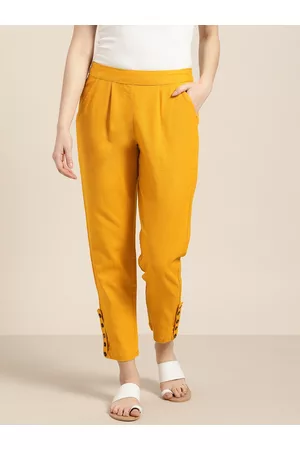 Jaipur Women Mustard Yellow Regular Fit Solid Regular Trousers