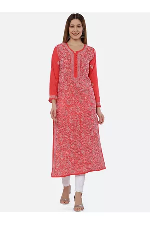 FAWOMENT Women Peach-Coloured & White Floral Embroidered Chikankari Chanderi Silk Kurta