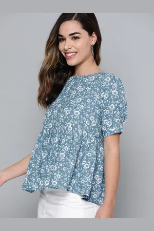 Mast & Harbour Women Blue & White Floral Print A-Line Top