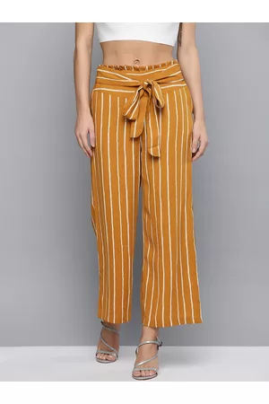 marie claire Women Mustard Yellow & White Original Fit High Rise Striped Parallel Trousers