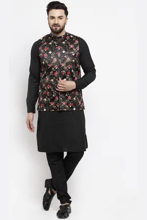 Jompers Men Black & Red Printed Kurta with Churidar & Nehru Jacket