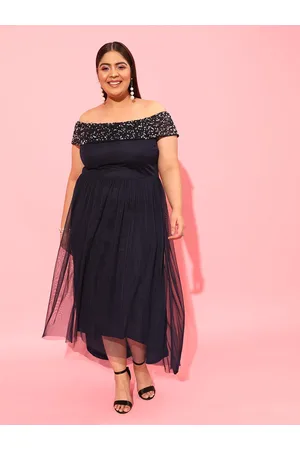 CURVY STREET Navy Blue Off-Shoulder Net A-Line Dress