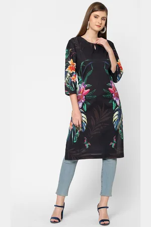 Cloth Haus India Women Black & Green Floral Printed Keyhole Neck Floral Pure Cotton Kurta