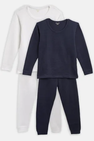 Kanvin Boys Pack Of 2 White & Navy Blue Solid Thermal Sets