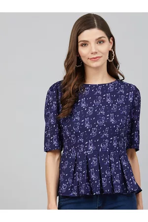 Rare Fashion Women Navy Blue Printed Peplum Top