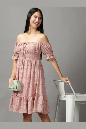 SHOWOFF Women Peach-Coloured & Purple Floral Off-Shoulder Chiffon Dress