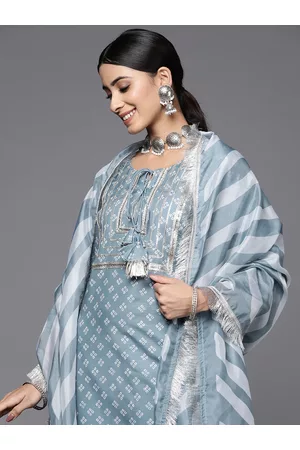 Varanga Women Grey Bandhani Yoke Design Sequinned Kurta with Trousers & Dupatta