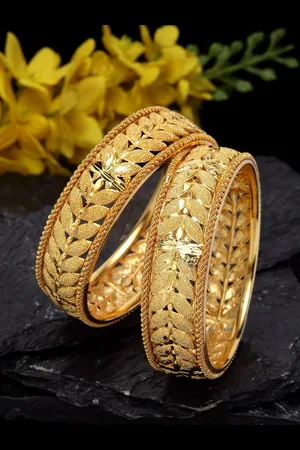 Shining Diva Set Of 2 Gold Plated Gold Toned Antique Bangles