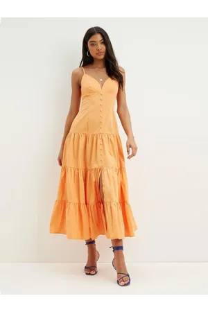 Dorothy Perkins Orange Pure Cotton Poplin Button Down Tiered Maxi Dress