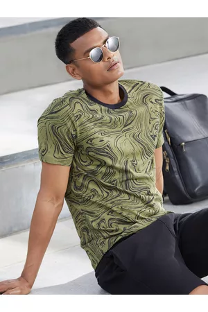 DaMENSCH Men Olive Green & Black Premium Cotton Printed T-shirt
