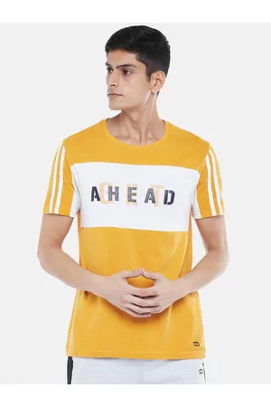 Pantaloons Men T-shirts - Men Mustard Yellow & White Printed Slim Fit Cotton ???????T-shirt