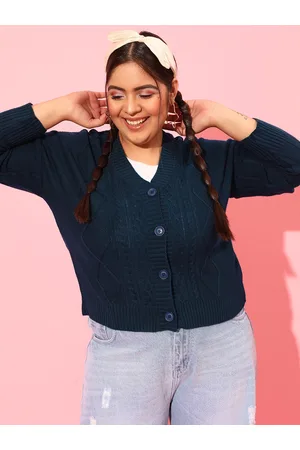 CURVY STREET Plus Size Women Navy Blue Cable Knit Acrylic Cardigan