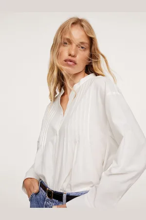 MANGO Women White Solid Cotton Pleated Casual Shirt