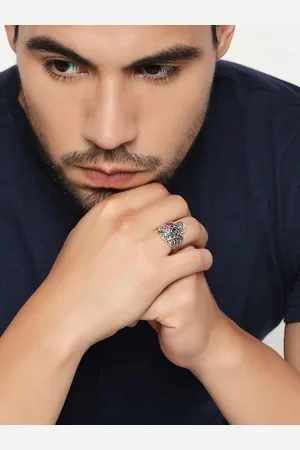 OOMPH Men Silver Oxidised Zircon Stone Studded Finger Ring