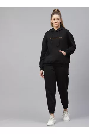 Laabha Women Black Solid Hooded Knitted Tracksuit with Applique Detail