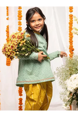 Tiber Taber Girls Green Printed Regular Gotta Patti Pure Cotton Kurta with Dhoti Pants & With Dupatta