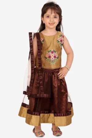 Superminis Girls Brown & Embroidered Ready to Wear Lehenga & Blouse With Dupatta
