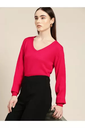 Invictus Women Magenta Solid Acrylic V-Neck Pullover