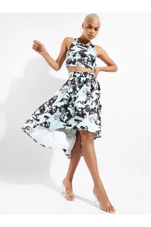 Campus Women Black & Blue Floral Printed Top & Skirt