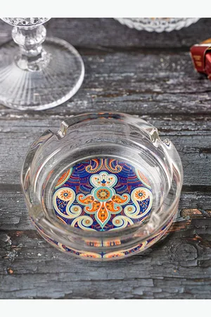KOLOROBIA Transparent & Blue Majestic Paisley Printed Glass Ashtray