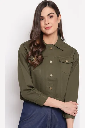 Mayra Women Olive Green Crop Denim Jacket