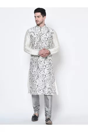 DEYANN Men Grey & White Self Design Kurta with Churidar