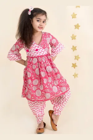 pspeaches Girls Pink Floral Striped Pure Cotton Kurti with Patiala