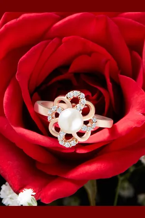 Ami Rose Women Gold-Plated White CZ-Studded & Pearl Beaded Adjustable Finger Ring