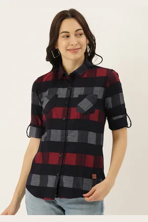 Campus Women Black & Red Regular Fit Checked Casual Shirt