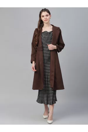 ATHENA Women Brown Solid Suede Longline Overcoat