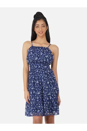 Antheaa Girls Navy Blue Floral Chiffon Ruched Skater Fit & Flare Dress