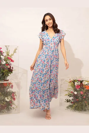 20Dresses Blue & White Printed Flared Sleeves Floral Chiffon Maxi Dress