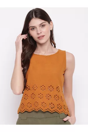 Mayra Women Mustard Yellow Self Design Schiffli Crop Tank Top