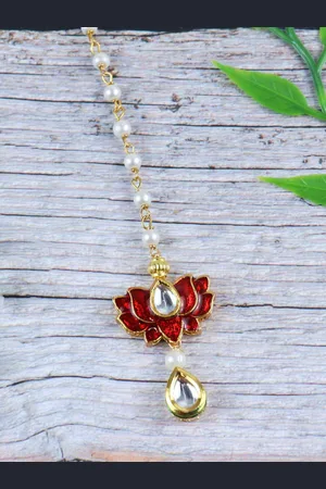 asthetika Girls Gold-Plated & Red Lotus Kundan-Studded Handcrafted Maang Tikka