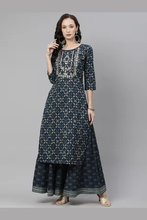Divena World Women Navy Blue Floral Embroidered Pure Cotton Kurta with Palazzos
