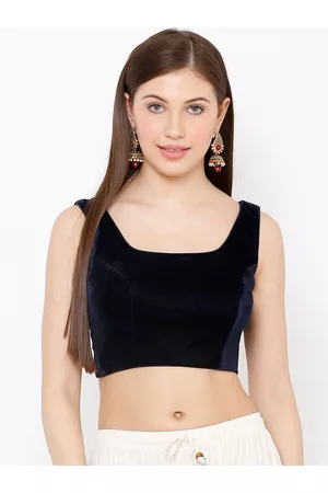SALWAR STUDIO Women Navy Blue Velvet Readymade Saree Blouse