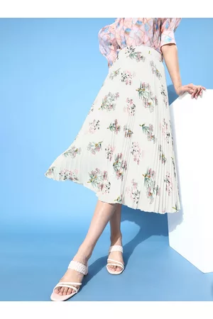 KASSUALLY Women Classic White Floral Pleated Form Skirt