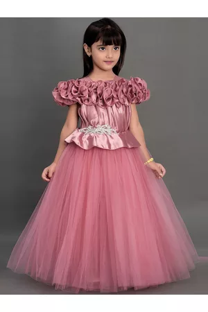 Pink Chick Girls Rose Embellished Ruffled Satin Maxi Party Dress
