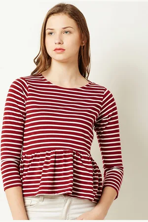 Miss Chase Women Maroon & White Striped Peplum Pure Cotton Top