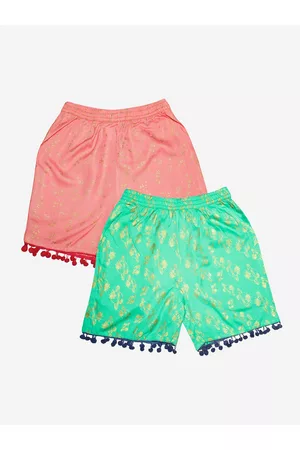 KiddoPanti Girls Pack Of 2 Peach-Coloured & Green Conversational Printed Shorts