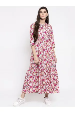 INDIBELLE Women Pink & White Printed Fit and Flare Dress