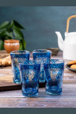 KOLOROBIA Set Of 4 Blue Handpainted Pristine Turkish Chai Glasses