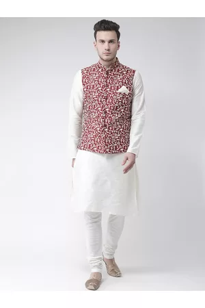 DEYANN Men White & Maroon Solid Kurta with Churidar & Nehru Jacket