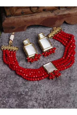 karatcart Red & White Crystal & Kundan Studded Choker Necklace Set