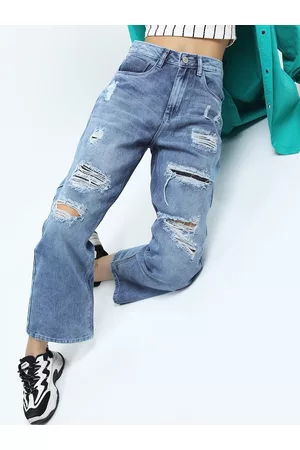 Tokyo Talkies Women Blue Wide Leg Highly Distressed Heavy Fade Jeans