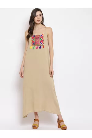 Mayra Women Beige Applique Rayon Maxi Dress