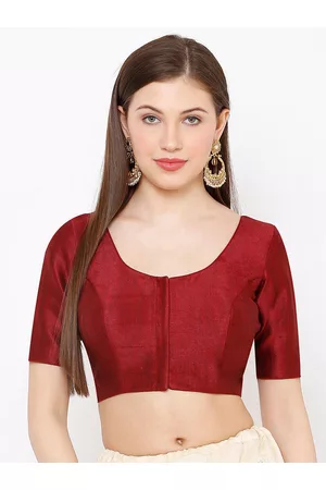 SALWAR STUDIO Women Maroon Solid Readymade Mulberry Silk Saree Blouse