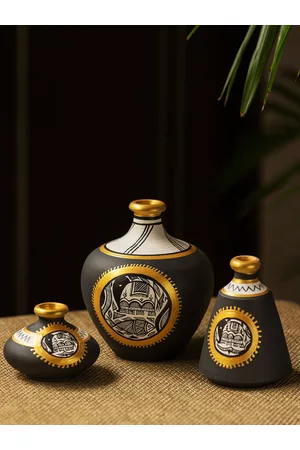 ExclusiveLane Set of 3 Black Hand-Painted Madhubani Jet Black Matkis Terracotta Vases